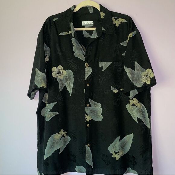 Vintage Firethorn L Black Silk Hawaiian Shirt Tropical Floral Button Up Collar - Picture 1 of 7